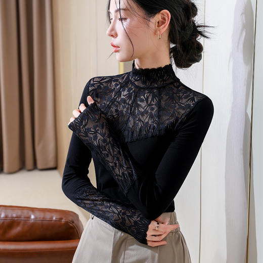 半高领打底衫，新款钩花蕾丝拼接螺纹长袖内搭别致上衣DY350927 商品图2