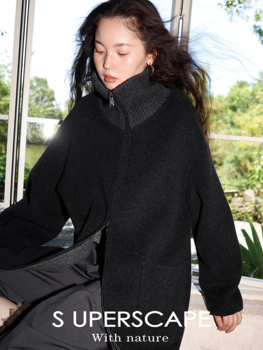 素舶 山羊绒桑蚕丝绵羊毛奢感针织立领拼接双色立绒双面呢大衣 商品图3