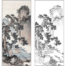陈少梅山水人物工笔画白描底稿《对弈图》临摹勾线高清打印稿SM37