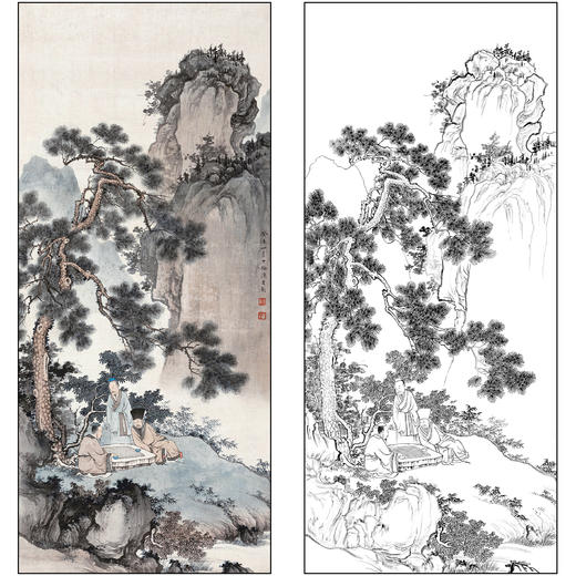 陈少梅山水人物工笔画白描底稿《对弈图》临摹勾线高清打印稿SM37 商品图0