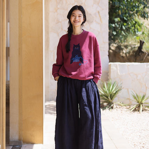 绽放656朵/猫猫卫衣·新款打毛衣的猫咪手绘印花抓毛长袖T恤卫衣 商品图3