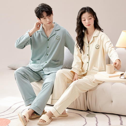 【热卖推荐】自然醒云梦情侣家居服100%棉加厚长袖长裤开衫睡衣QH 商品图3