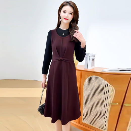 QYM 25S28-Y假两件长袖连衣裙妈妈装中长款A字裙 商品图1