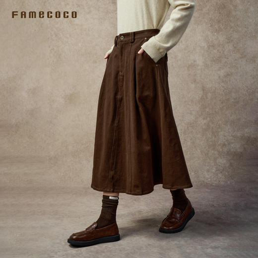 Famecoco休闲复古高腰半身裙宽松显瘦A字裙百搭纯色伞裙FAC8HA031 商品图1