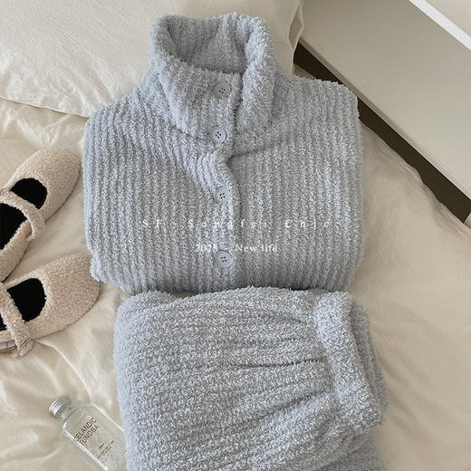 秋冬【加绒加厚睡衣套装】高领宽松半边绒 弹力坑条保暖家居服睡衣女款 商品图7