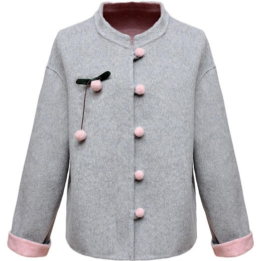 QYM 5277CL1928-Y时尚双面呢子大衣圆领短款毛呢外套时尚复古盘扣上衣 商品图4