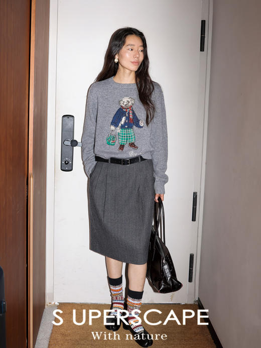 素舶 澳洲美利奴羊毛 学院小狗提花刺绣圆领百搭针织衫毛衣 商品图2