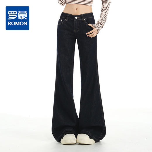 罗蒙春秋款女士深蓝原色牛仔裤低腰微喇美式复古宽松显瘦百搭拖地长裤 商品图0