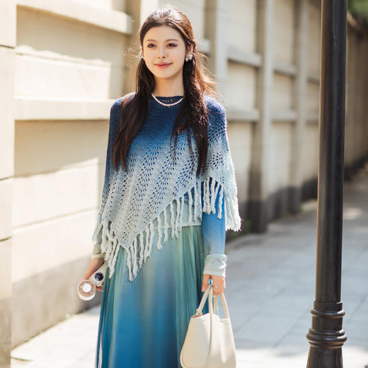 【林栖设计小店】亚麻流苏披肩青绿渐变度假风镂空针织2026早春新款外搭女F2952508B 商品图4