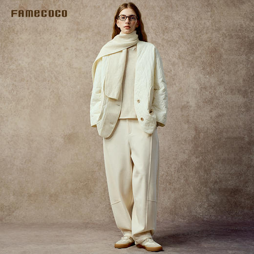 Famecoco双色羊毛梭织简约弯刀裤宽松休闲裤弹力松紧带FAC8GA003 商品图3