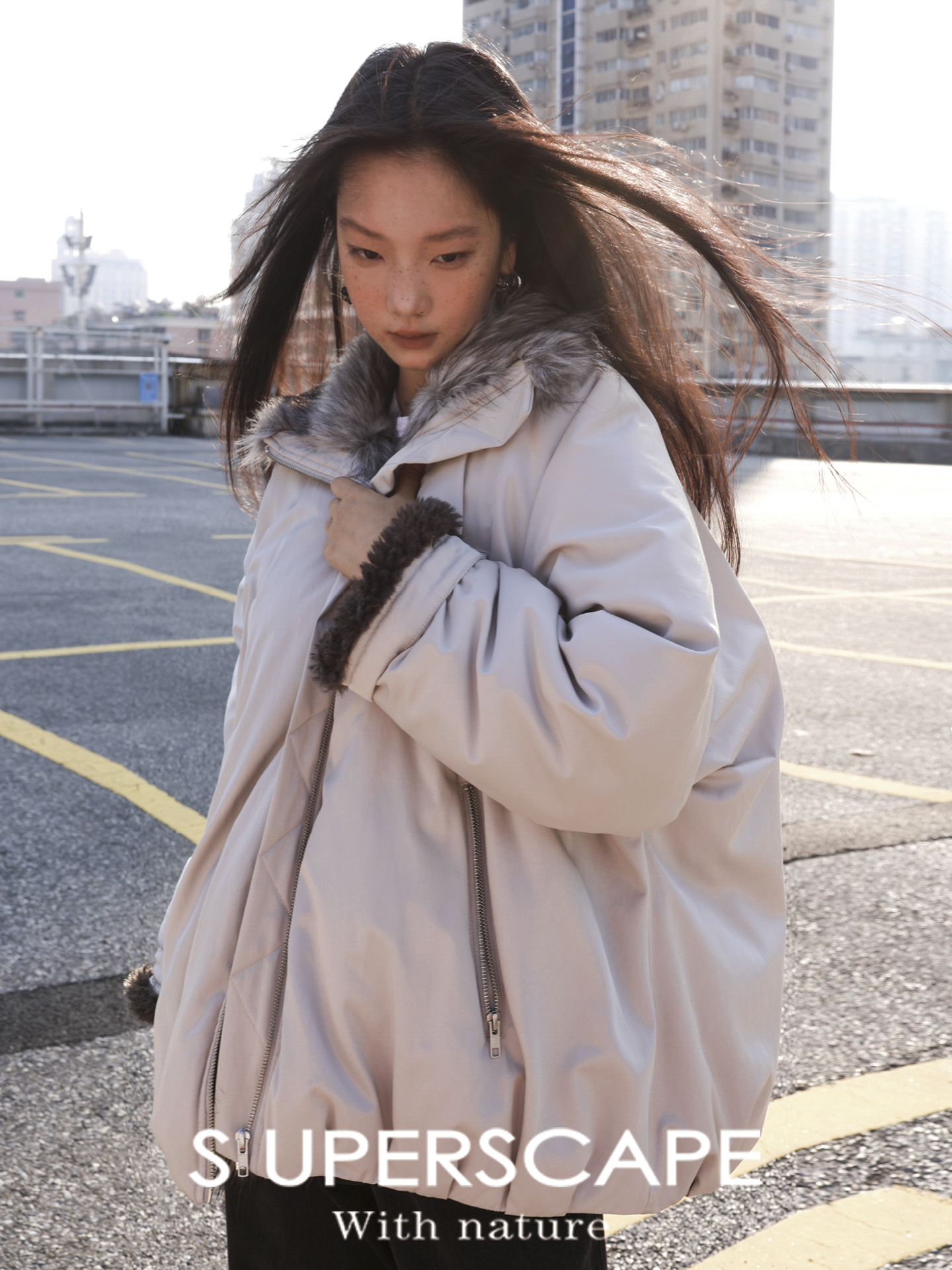 素舶 白鸭绒羽绒内胆皮草高领立体花苞型保暖羽绒服派克服外套