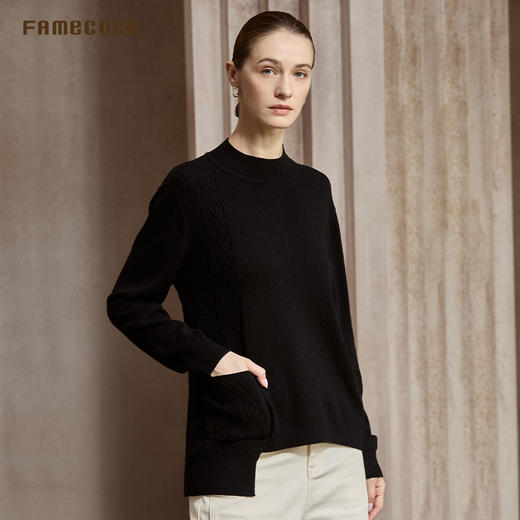 Famecoco宽松慵懒风圆领毛衣不规则绞花拼接长袖针织衫FAC8DC005 商品图3