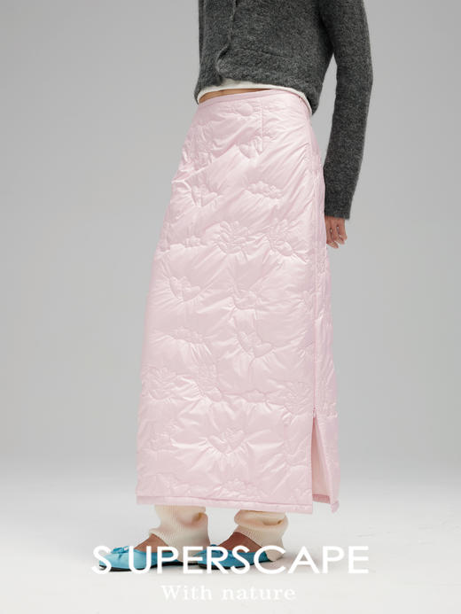 素舶 重工多图案绣花绗缝直筒中高腰下摆侧开叉夹棉保暖半身裙 商品图0