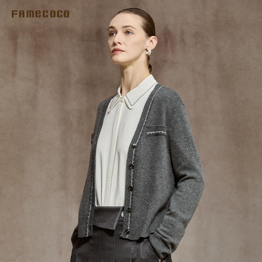 Famecoco优雅小香风V领短款开衫优质澳毛混纺针织衫外套FAC8DE001 商品图2