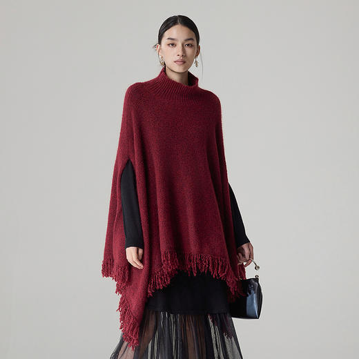 【林栖设计小店】流苏毛织披肩酒红色优雅百搭宽松2025秋冬新款高领斗篷上衣女2954006B 商品图3