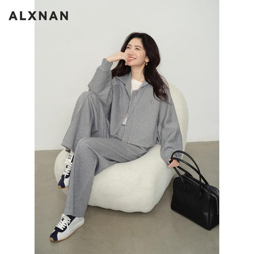 鹿向南「雨下屋檐」冷灰色连帽卫衣女早秋宽松慵懒感长袖开衫外套L58795SY 商品图1