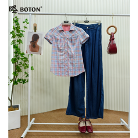 【第2件半价！尾货清仓不退换】波顿女士夏季休闲格仔短袖衬衫LS751216