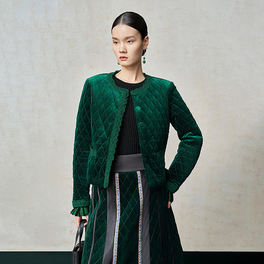 【林栖设计小店】丝绒棉衣手钩花边钉珠2025秋冬新款外套上衣1954045 商品图0