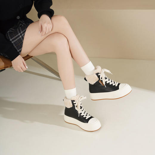 Westory2025年冬季牛皮加毛高帮板鞋休闲运动系带毛短靴S25DM85971 商品图1