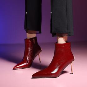 【预售5天】法式真皮水钻蝴蝶洋气高跟鞋女秋冬新款尖头细跟百搭时装靴女短靴XC&S302