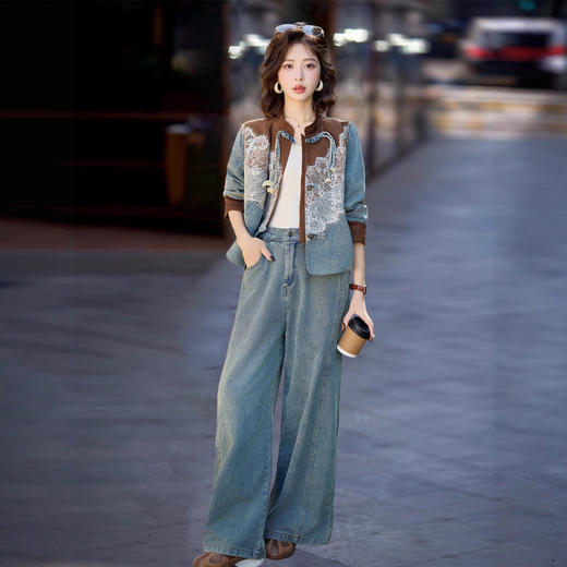 新中式牛仔套装，时尚洋气蕾丝拼接外套两件套HR-XPH5892 商品图1