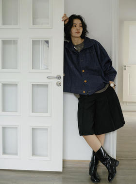 [特价] 进口细支色纺亚麻混纺 辑明线条纹衬廓形宽松牛仔色外套