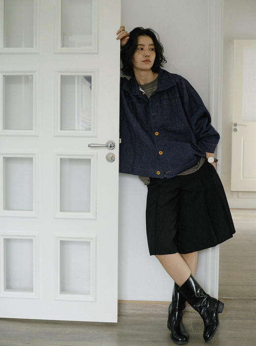 [特价] 进口细支色纺亚麻混纺 辑明线条纹衬廓形宽松牛仔色外套 商品图0