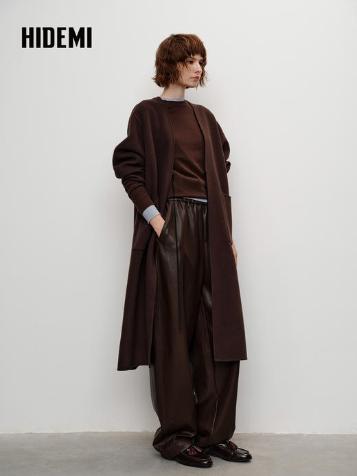 HIDEMI 进口山羊绒v领廓形系带长款浴袍大衣毛呢外套 炭灰色 商品图2