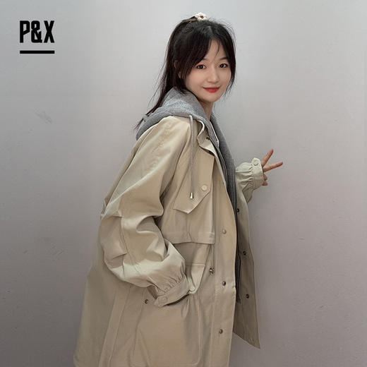 &X设计师女装春秋常规款冲锋衣连帽中长款风衣824119838 杏色 商品图2