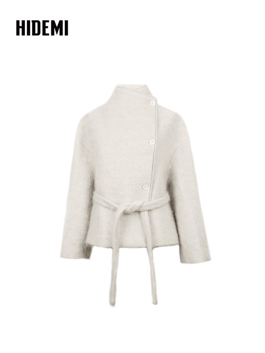 HIDEMI 进口马海毛长毛不对称领可拆卸腰带廓形大衣外套 自然白 商品图6
