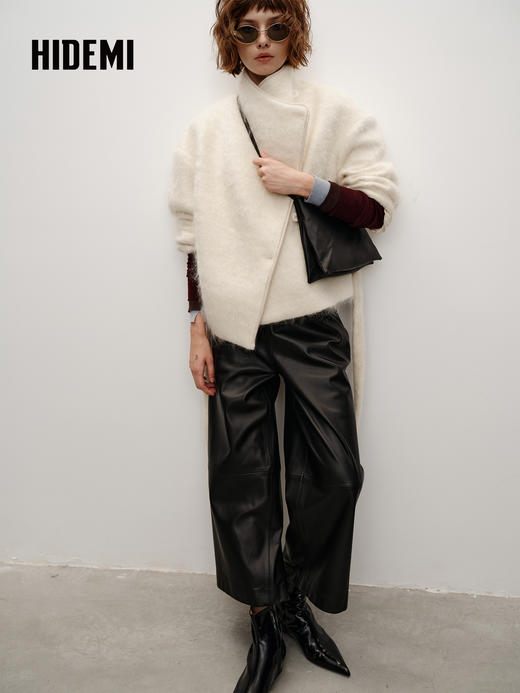 HIDEMI 进口马海毛长毛不对称领可拆卸腰带廓形大衣外套 自然白 商品图2