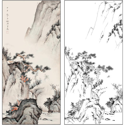 陈少梅山水人物工笔画白描底稿《清音松瀑图》临摹勾线高清打印稿SM47 商品图0