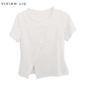 VIVIAN LIU薇薇安刘D2457310 夏季新款圆领斜排纽扣短袖针织T恤