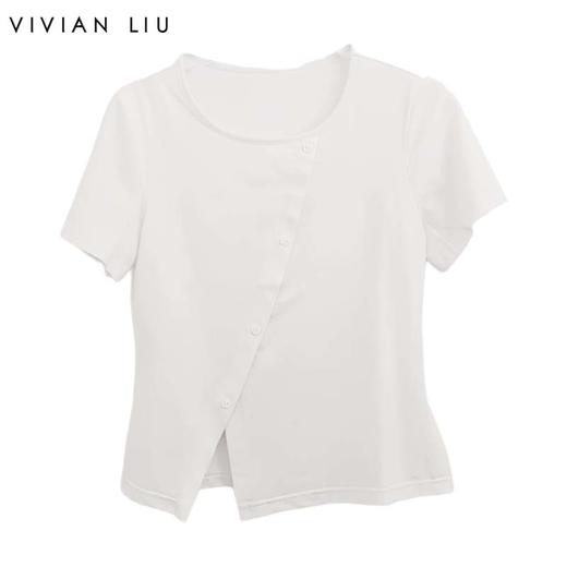 VIVIAN LIU薇薇安刘D2457310 夏季新款圆领斜排纽扣短袖针织T恤 商品图0