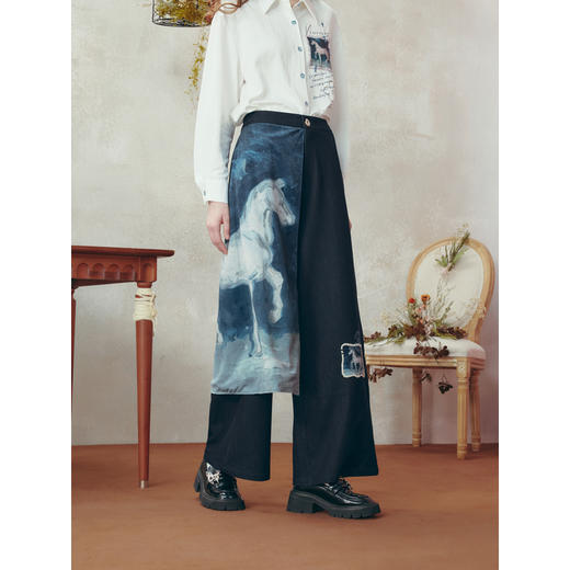 两三事梵高文艺梦境巡游2025冬季新款印花拼接假两件阔腿休闲裤女 商品图1