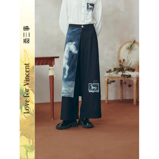 两三事梵高文艺梦境巡游2025冬季新款印花拼接假两件阔腿休闲裤女 商品图0