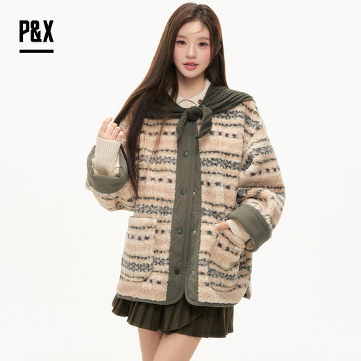 P&X设计师女装2025冬季拼接复古假两件短款外套825413237 花色 商品图2