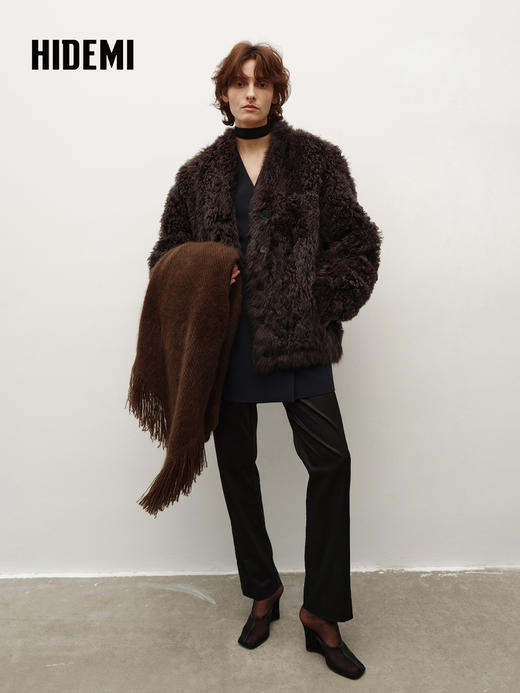 HIDEMI 大秀款进口西班牙羊羔毛卷毛v领皮毛一体大衣外套 高级灰 商品图5