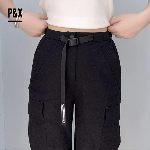 P&X设计师女装工装裤欧美风梭织腰带休闲长裤824109810 黑色 商品图3