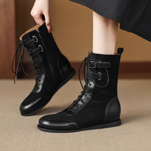 【预售5天】洋气舒适百搭平底内增马丁靴秋冬休闲时尚磨砂牛反皮系带中筒靴LD&7515 商品图0