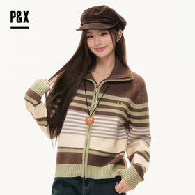 P&X设计师女装2025冬季毛针织衫开衫翻领撞色毛衣825418169 杏/咖