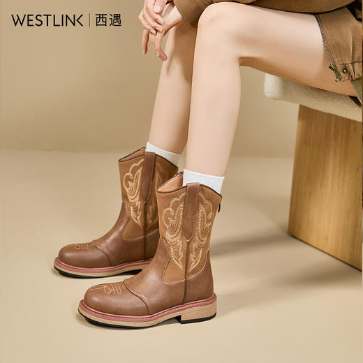 西遇西部刺绣牛仔靴女新款秋冬复古新疆美拉德短靴棕色马丁靴K2057159 商品图1