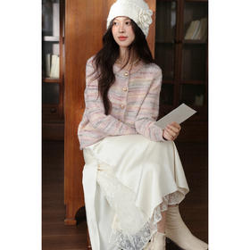 【6折秒杀】鹿向南「温暖左岸」小香风粉色条纹圆领短款针织毛衣开衫上衣女秋L58807