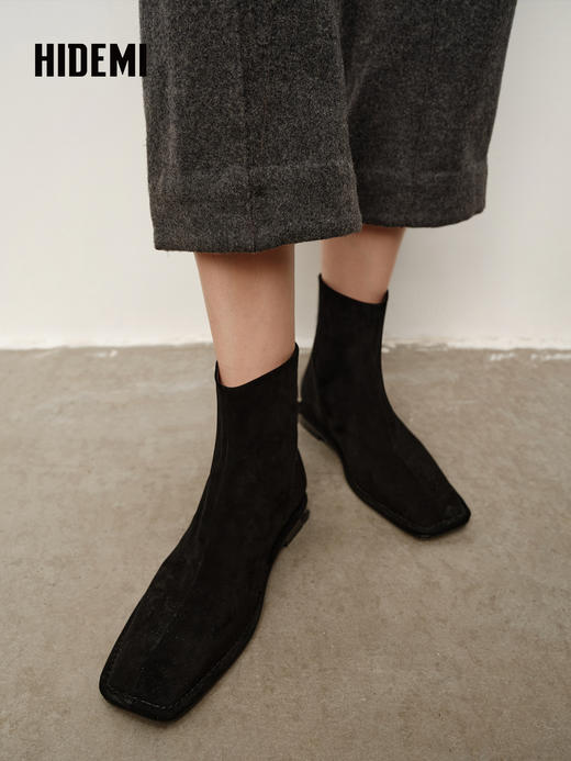 HIDEMI 进口羊麂皮方头内增高短靴裸靴 黑色 商品图0