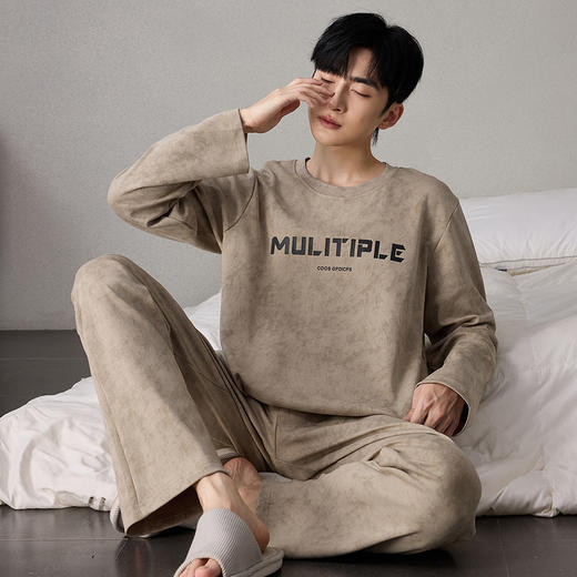 自然醒简叙男士家居服牛奶丝长袖长裤套头睡衣QH 商品图8