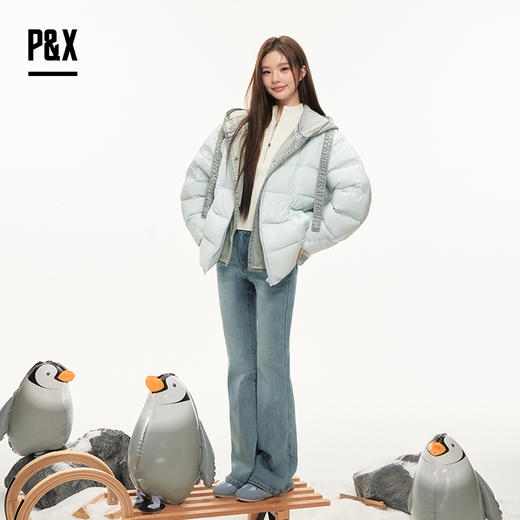 P&X设计师女装2025冬季假两件拼接连帽短款羽绒服825424037 绿色 商品图3