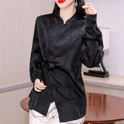 KQL A83N3301新中式立领提花衬衫别致气质衬衣系带收腰上衣 商品图2
