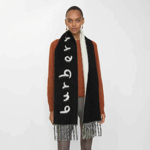 BURBERRY 巴宝莉 中性双面两用徽标装饰羊驼毛混纺围巾 黑色 8114081 A1189 商品图3