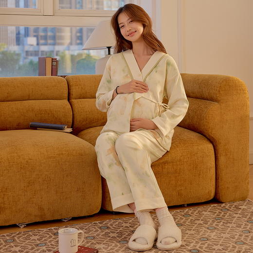 自然醒鸢尾牛奶丝系带月子服（带胸垫）秋冬产后纯棉11 10月份孕妇睡衣春秋季产妇待产哺乳QH 商品图4