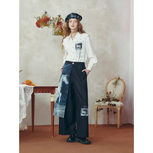两三事梵高文艺梦境巡游2025冬季新款印花拼接假两件阔腿休闲裤女 商品图2